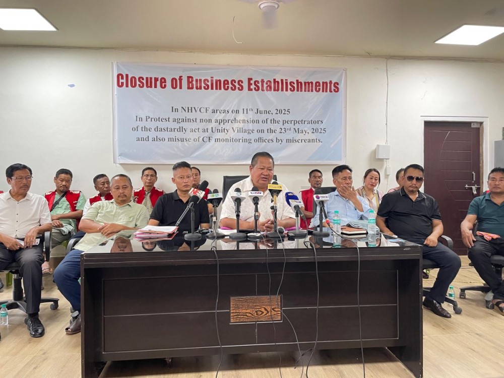 National Highway Village Councils Forum (NHVCF) Convenor, Sebastian Zumvü and others address a press conference in Sovima on June 10. (Morung Photo)